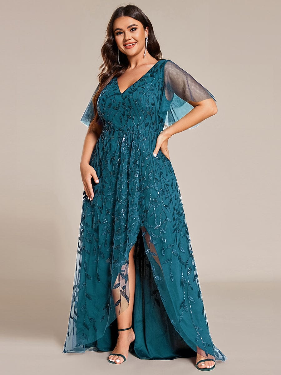 ever ALIX|Short Sleeves Sequin High Low V-Neck Midi Formal Evening Dress