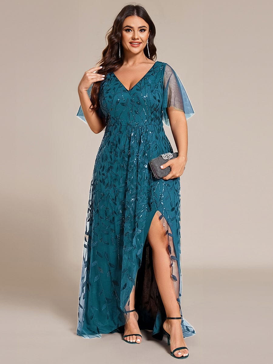 ever ALIX|Short Sleeves Sequin High Low V-Neck Midi Formal Evening Dress