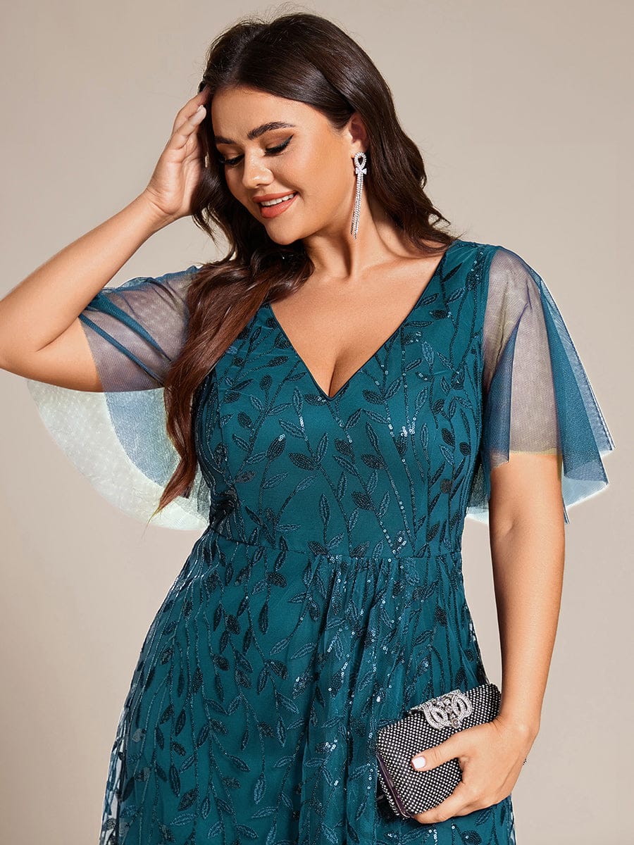 ever ALIX|Short Sleeves Sequin High Low V-Neck Midi Formal Evening Dress