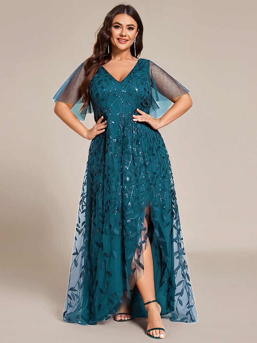 ever ALIX|Short Sleeves Sequin High Low V-Neck Midi Formal Wedding Guest Dress
