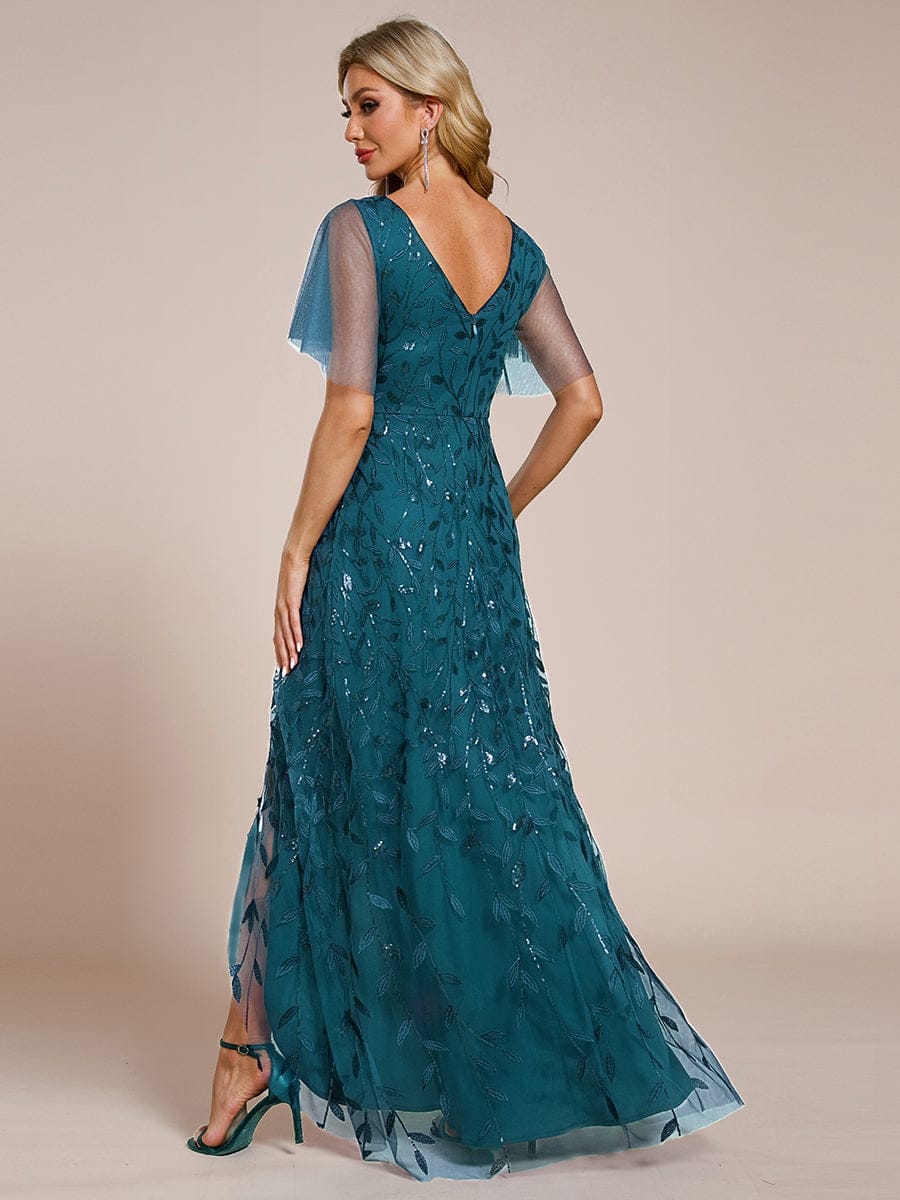 ever ALIX|Short Sleeves Sequin High Low V-Neck Midi Formal Evening Dress