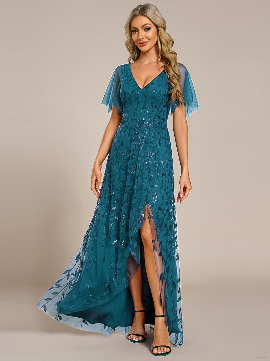 ever ALIX|Short Sleeves Sequin High Low V-Neck Midi Formal Wedding Guest Dress