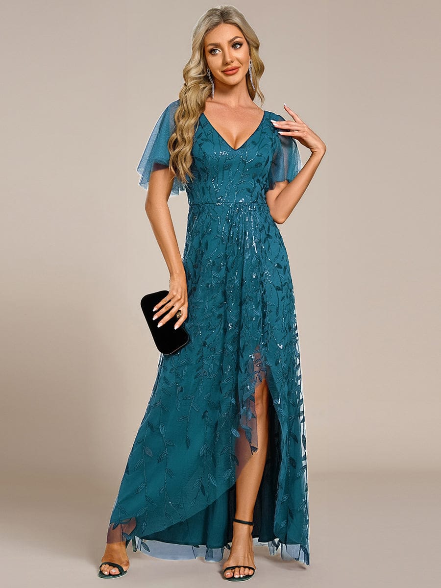 ever ALIX|Short Sleeves Sequin High Low V-Neck Midi Formal Evening Dress