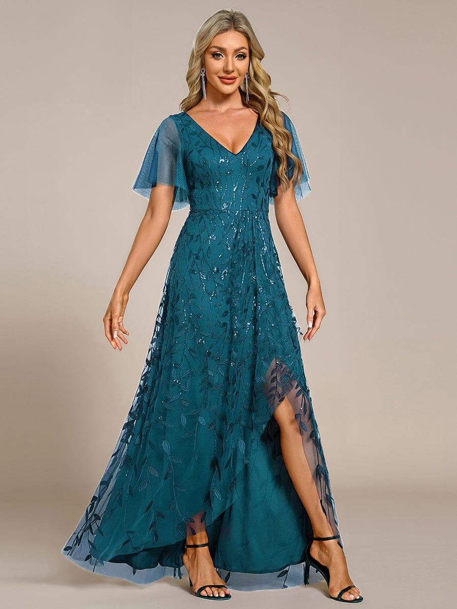 ever ALIX|Short Sleeves Sequin High Low V-Neck Midi Formal Evening Dress