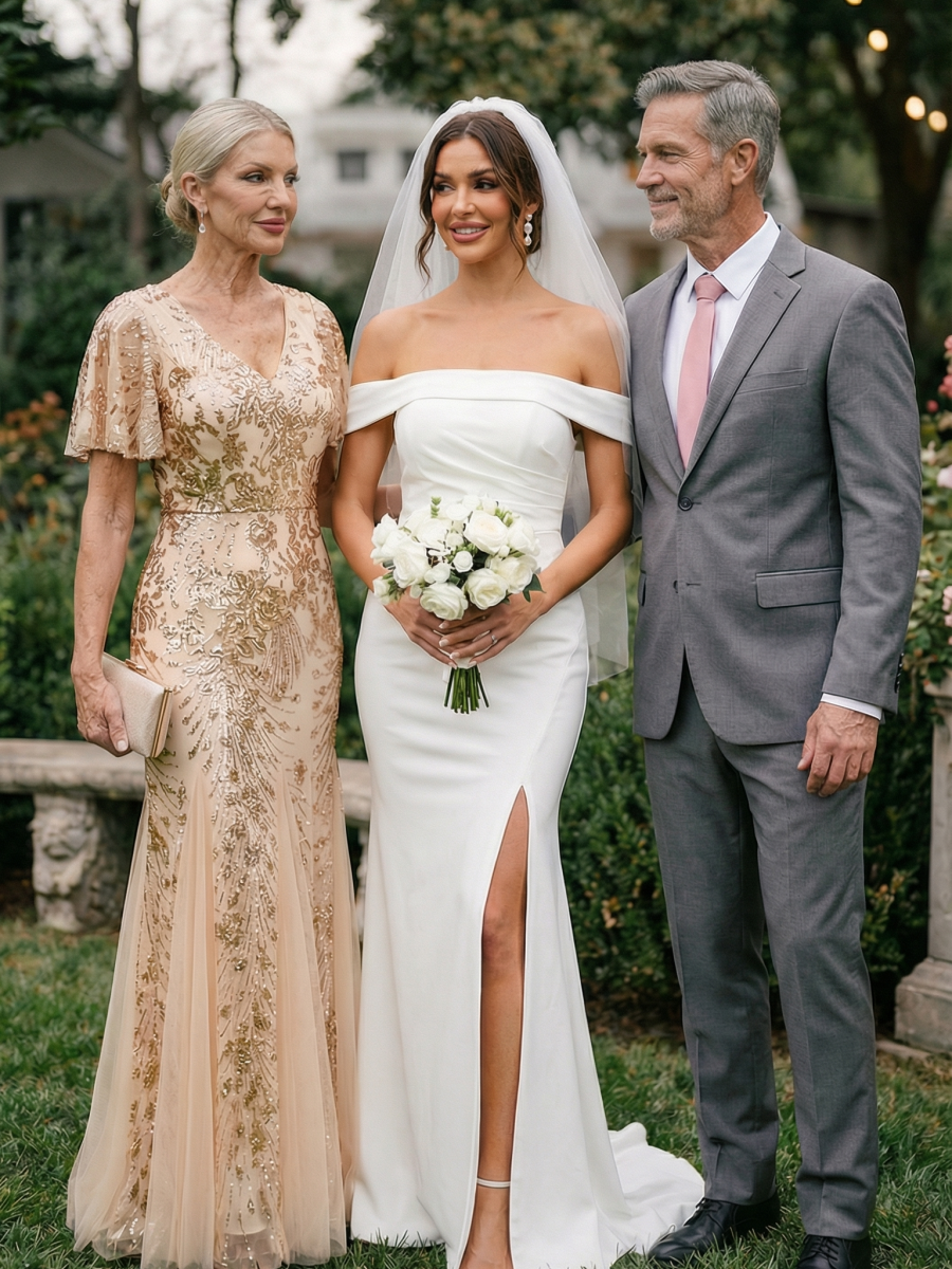 ever ANNIKA| Embroidered Sequin Ruffle Sleeve Evening Dress
