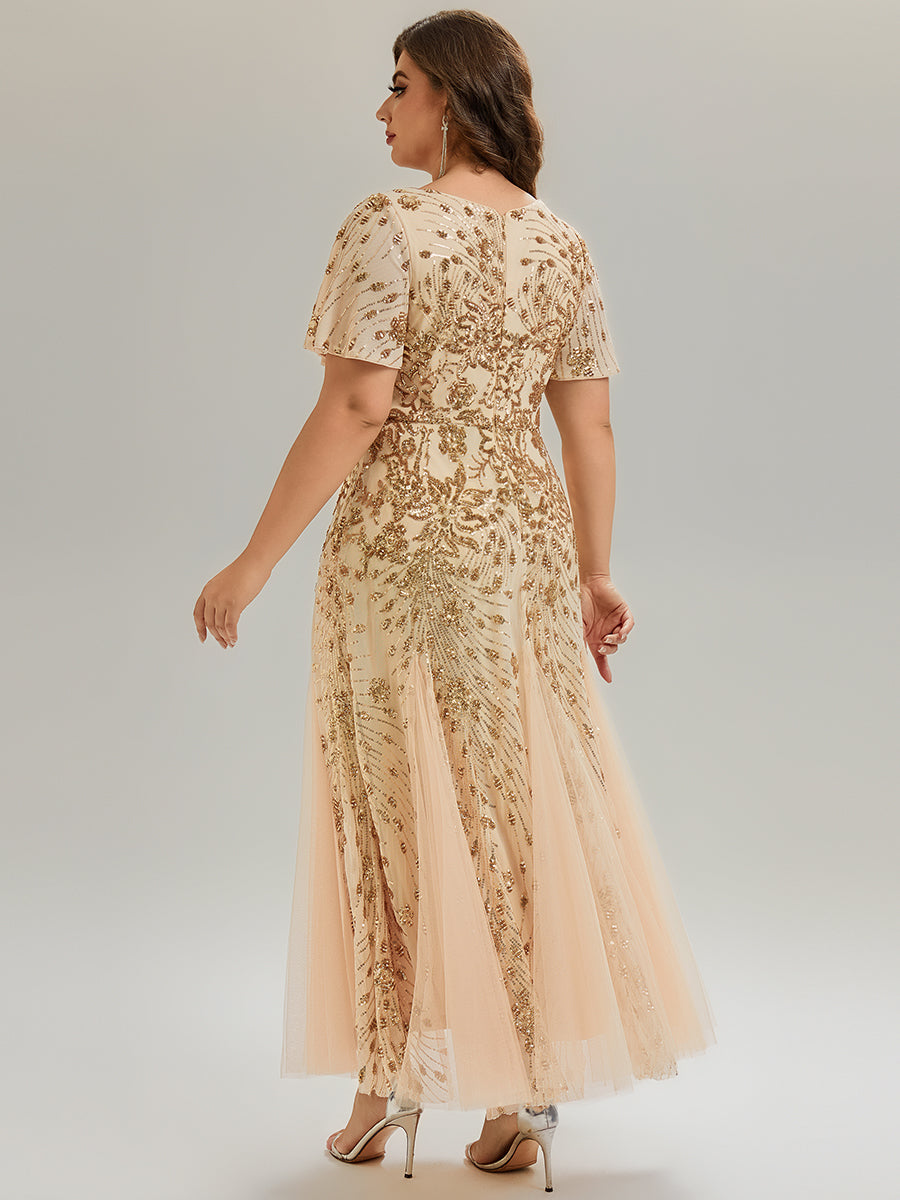 ever ANNIKA| Embroidered Sequin Ruffle Sleeve Evening Dress