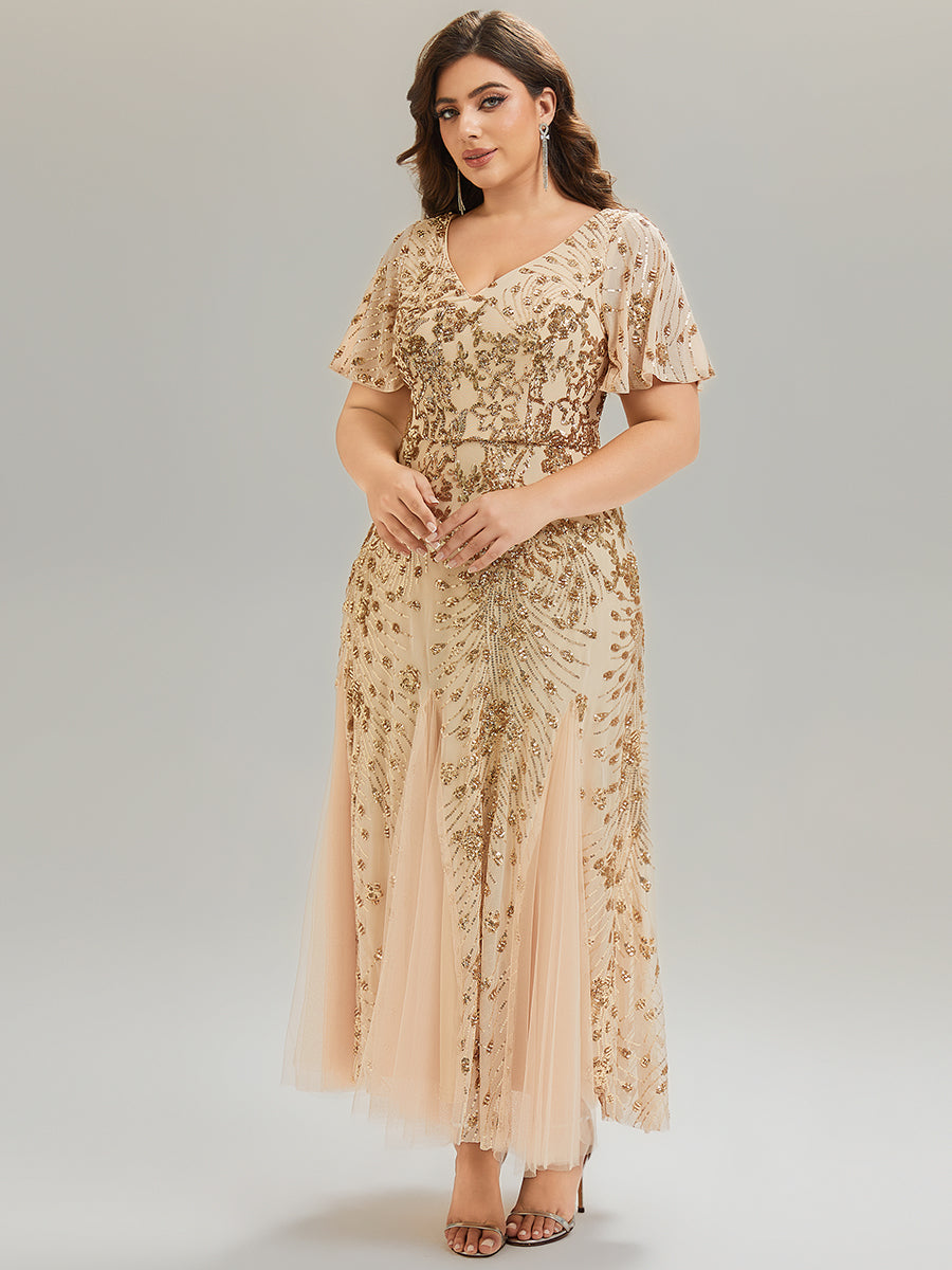 ever ANNIKA| Embroidered Sequin Ruffle Sleeve Evening Dress