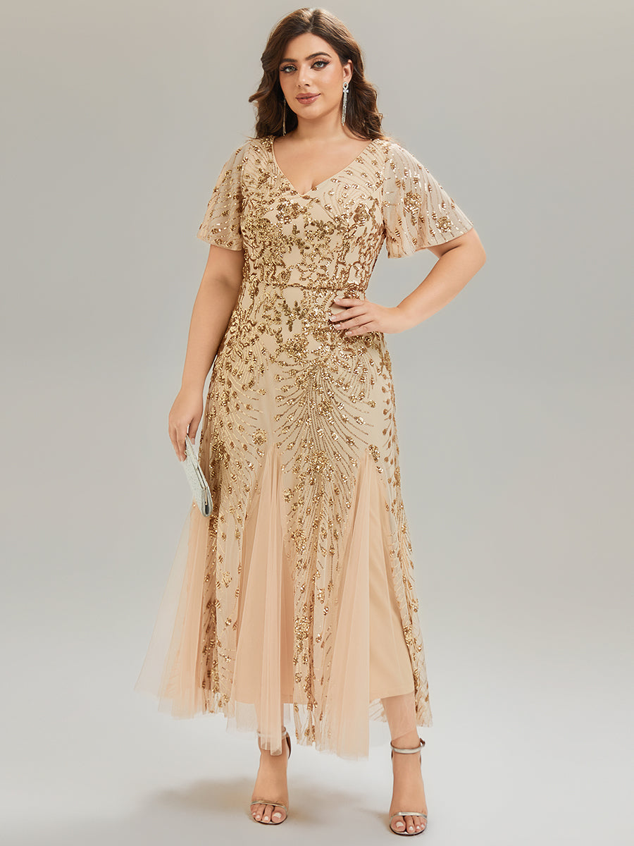 ever ANNIKA| Embroidered Sequin Ruffle Sleeve Evening Dress