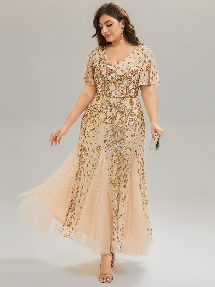 ever ANNIKA| Embroidered Sequin Ruffle Sleeve Evening Dress