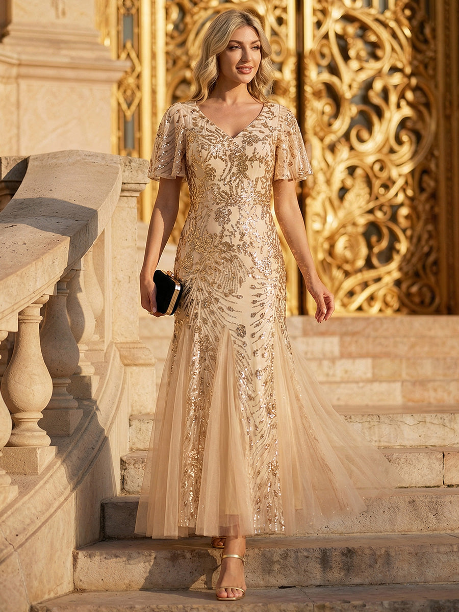 ever ANNIKA| Embroidered Sequin Ruffle Sleeve Evening Dress