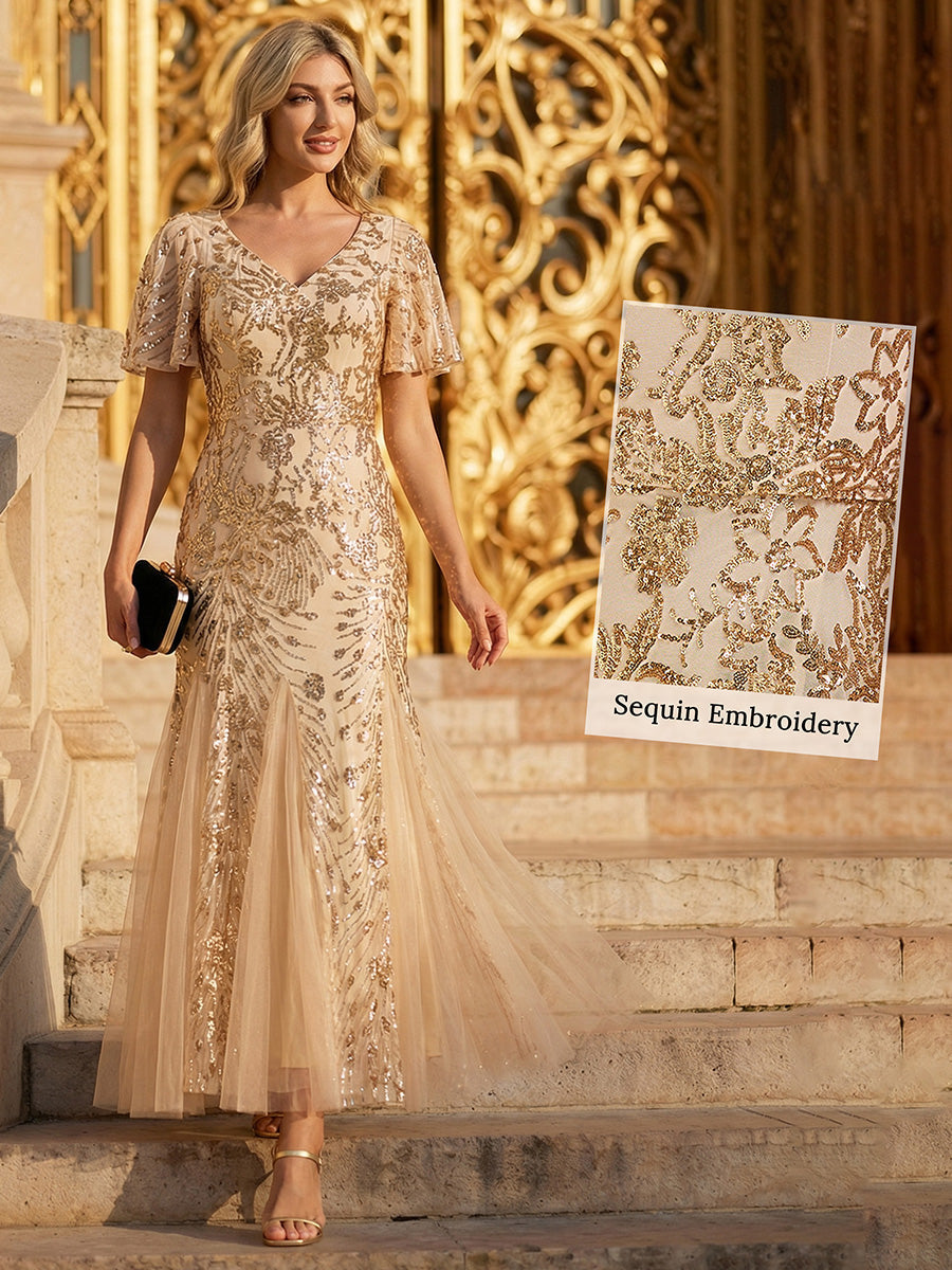 ever ANNIKA| Embroidered Sequin Ruffle Sleeve Evening Dress