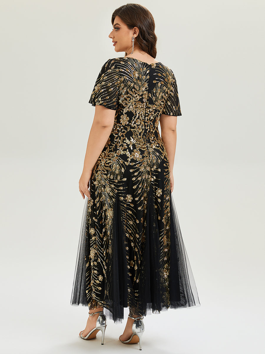 ever ANNIKA| Embroidered Sequin Ruffle Sleeve Evening Dress