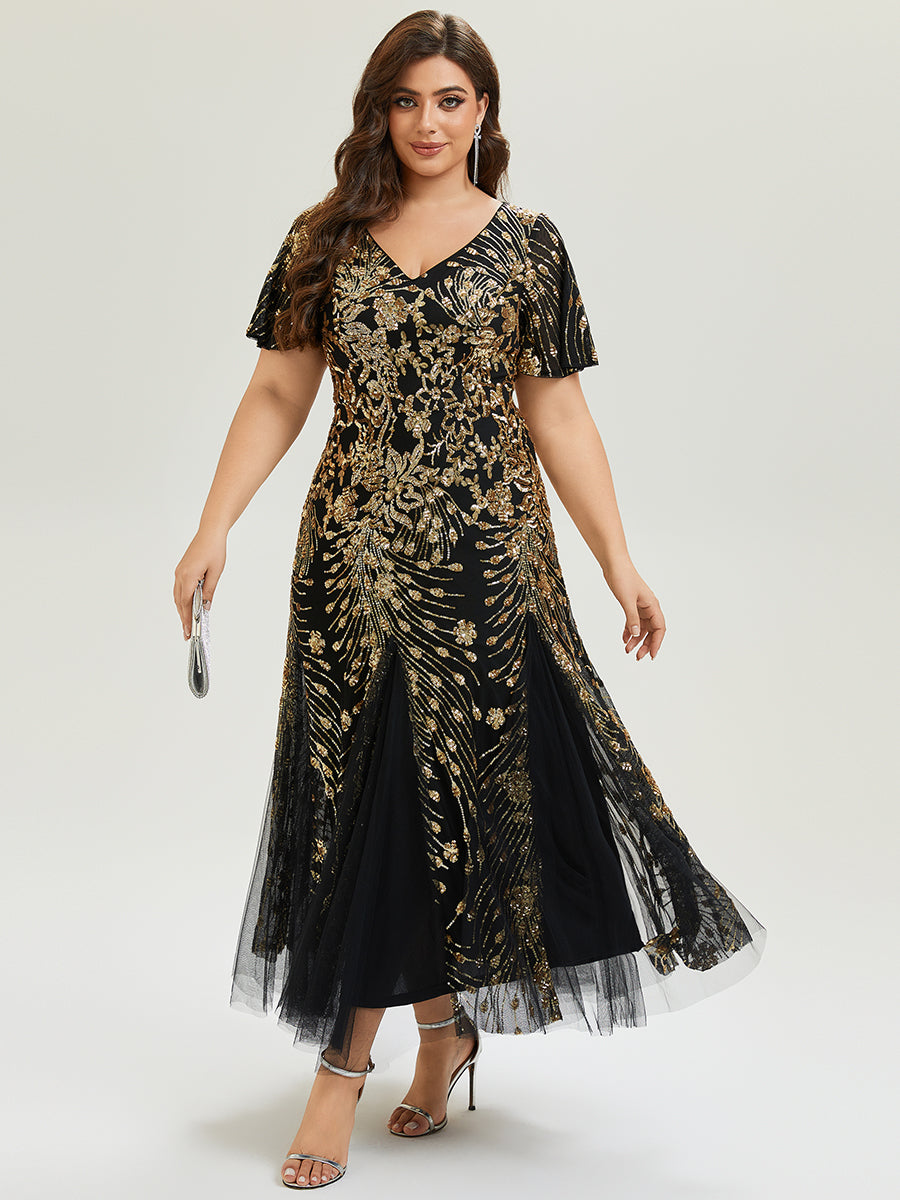 ever ANNIKA| Embroidered Sequin Ruffle Sleeve Evening Dress