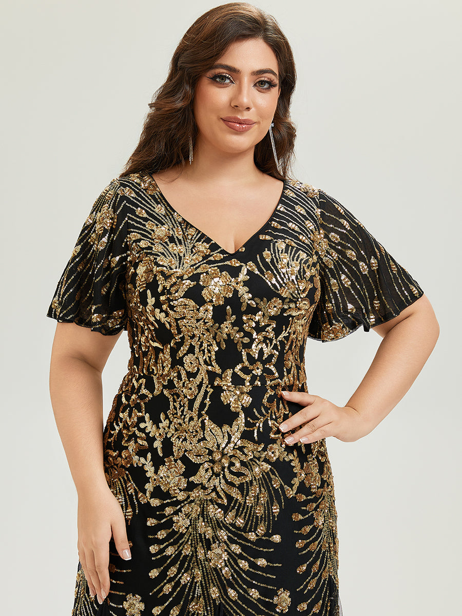ever ANNIKA| Embroidered Sequin Ruffle Sleeve Evening Dress