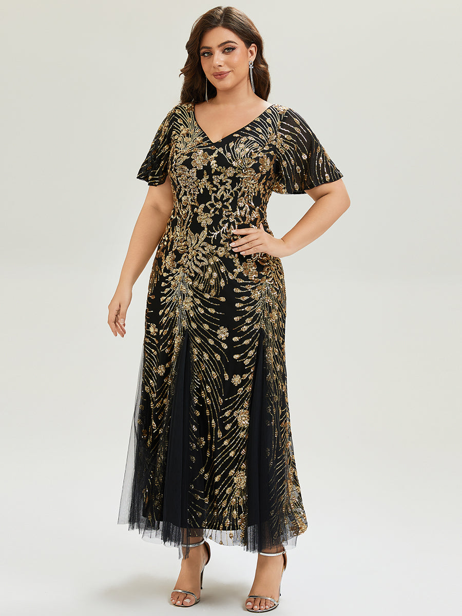 ever ANNIKA| Embroidered Sequin Ruffle Sleeve Evening Dress