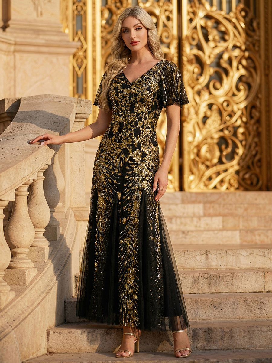 ever ANNIKA| Embroidered Sequin Ruffle Sleeve Evening Dress