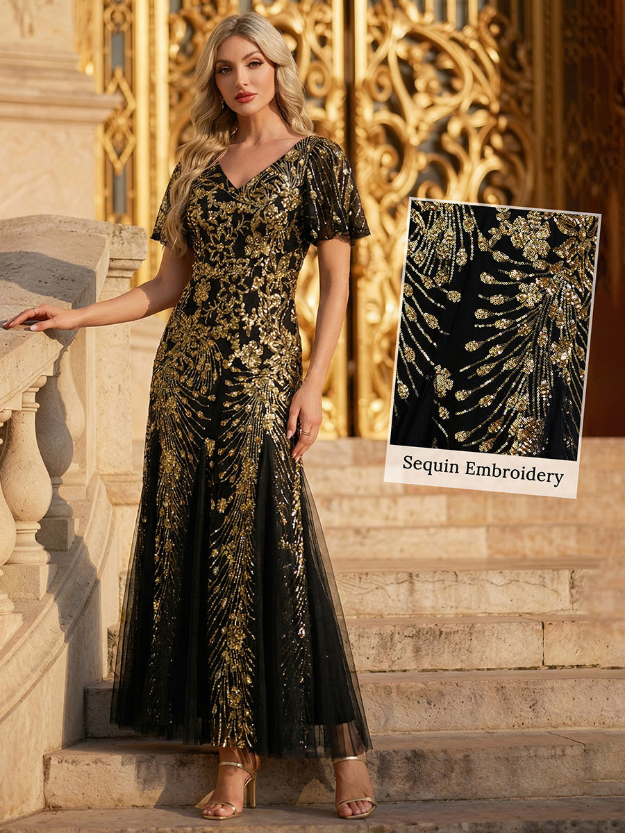 ever ANNIKA| Embroidered Sequin Ruffle Sleeve Evening Dress