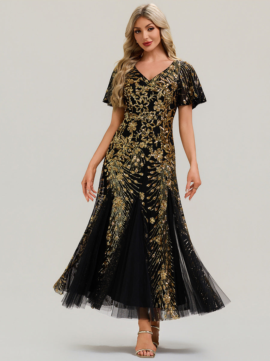 ever ANNIKA| Embroidered Sequin Ruffle Sleeve Evening Dress