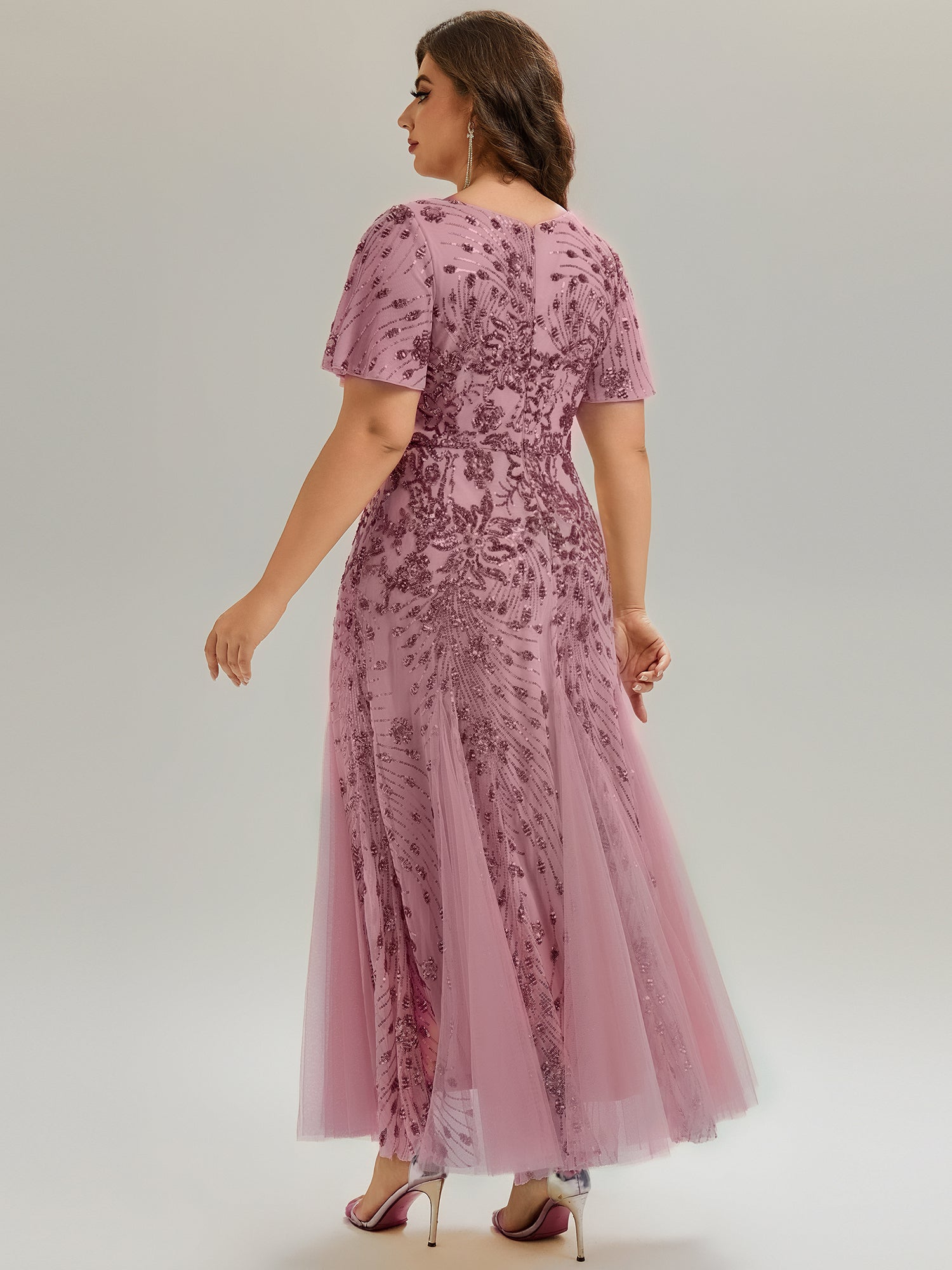 ever ANNIKA| Embroidered Sequin Ruffle Sleeve Evening Dress