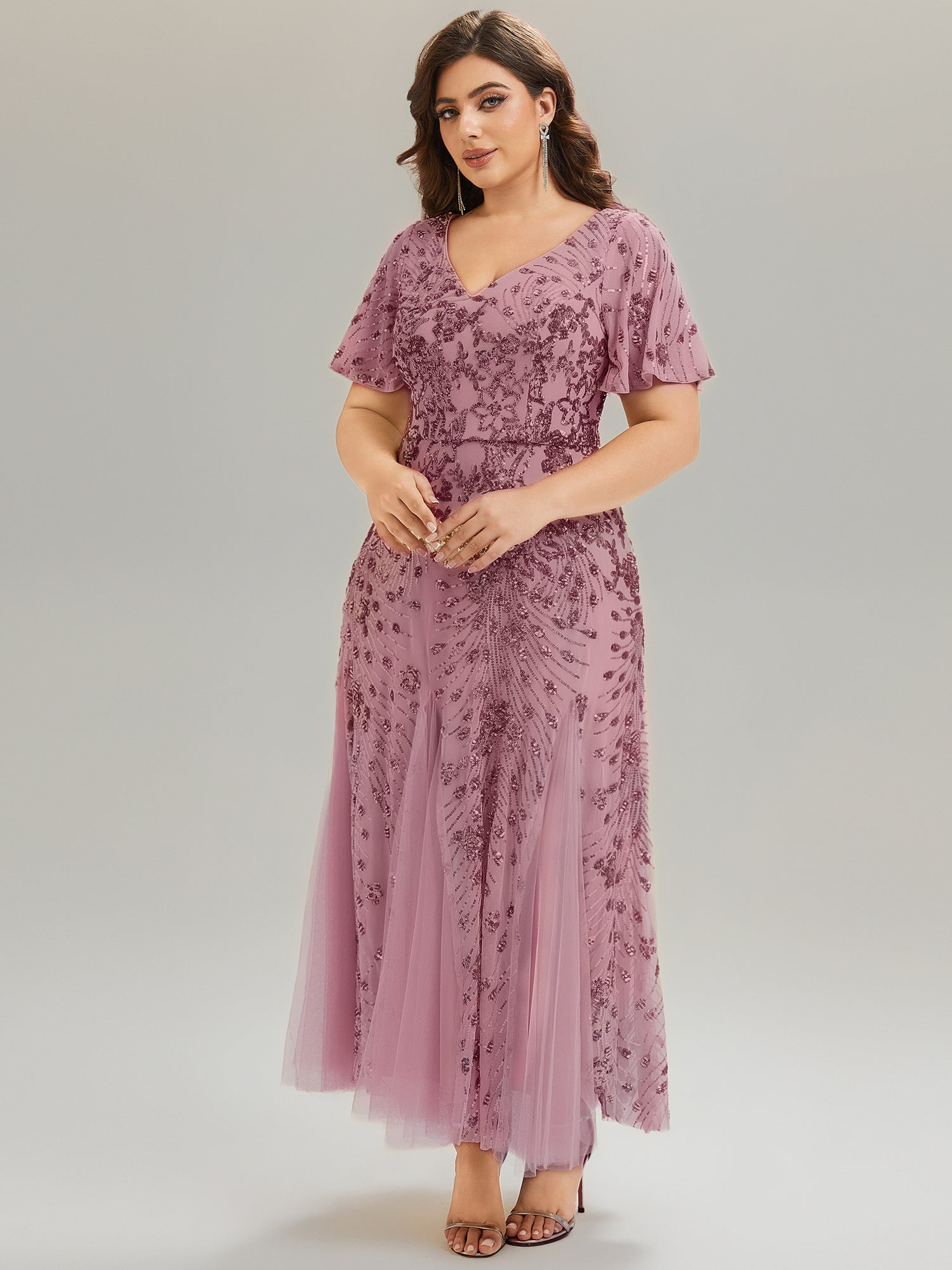 ever ANNIKA| Embroidered Sequin Ruffle Sleeve Evening Dress