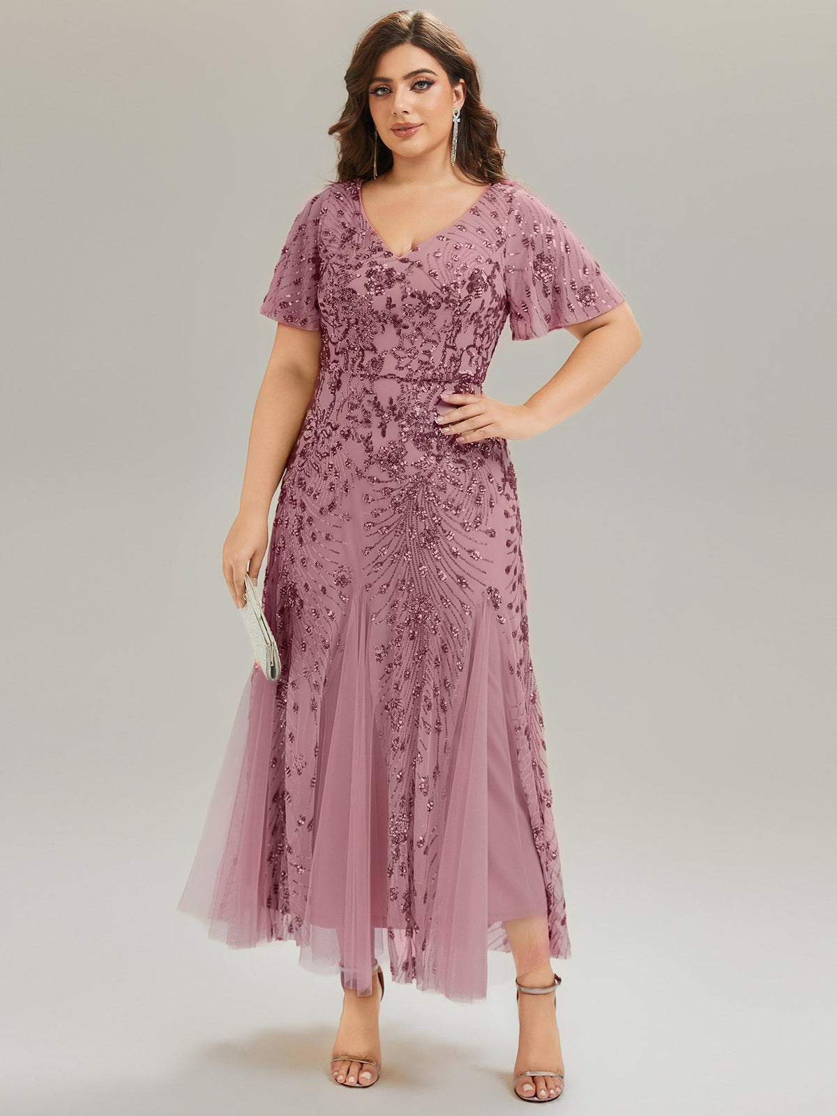 ever ANNIKA| Embroidered Sequin Ruffle Sleeve Evening Dress