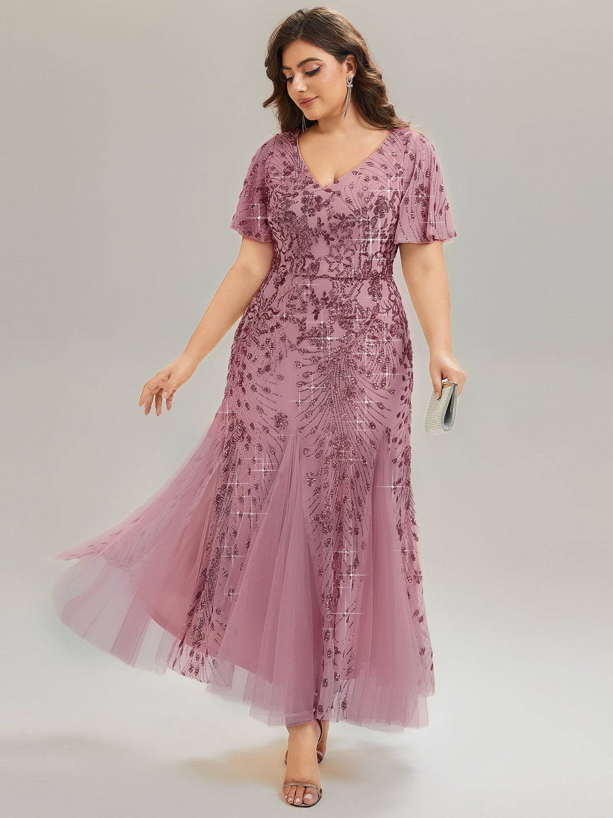 ever ANNIKA| Embroidered Sequin Ruffle Sleeve Evening Dress