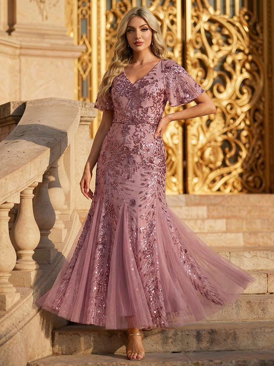 ever ANNIKA| Embroidered Sequin Ruffle Sleeve Evening Dress