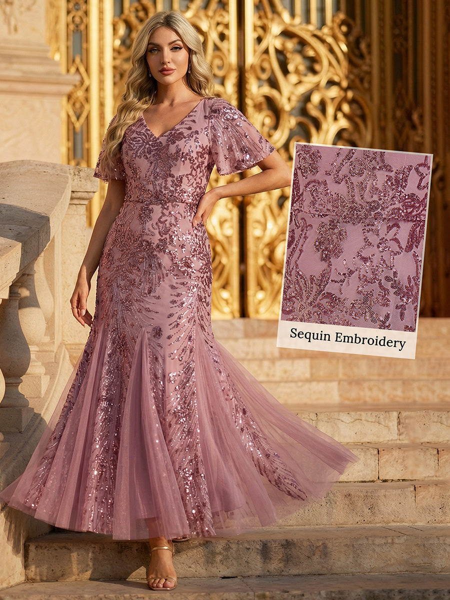 ever ANNIKA| Embroidered Sequin Ruffle Sleeve Evening Dress