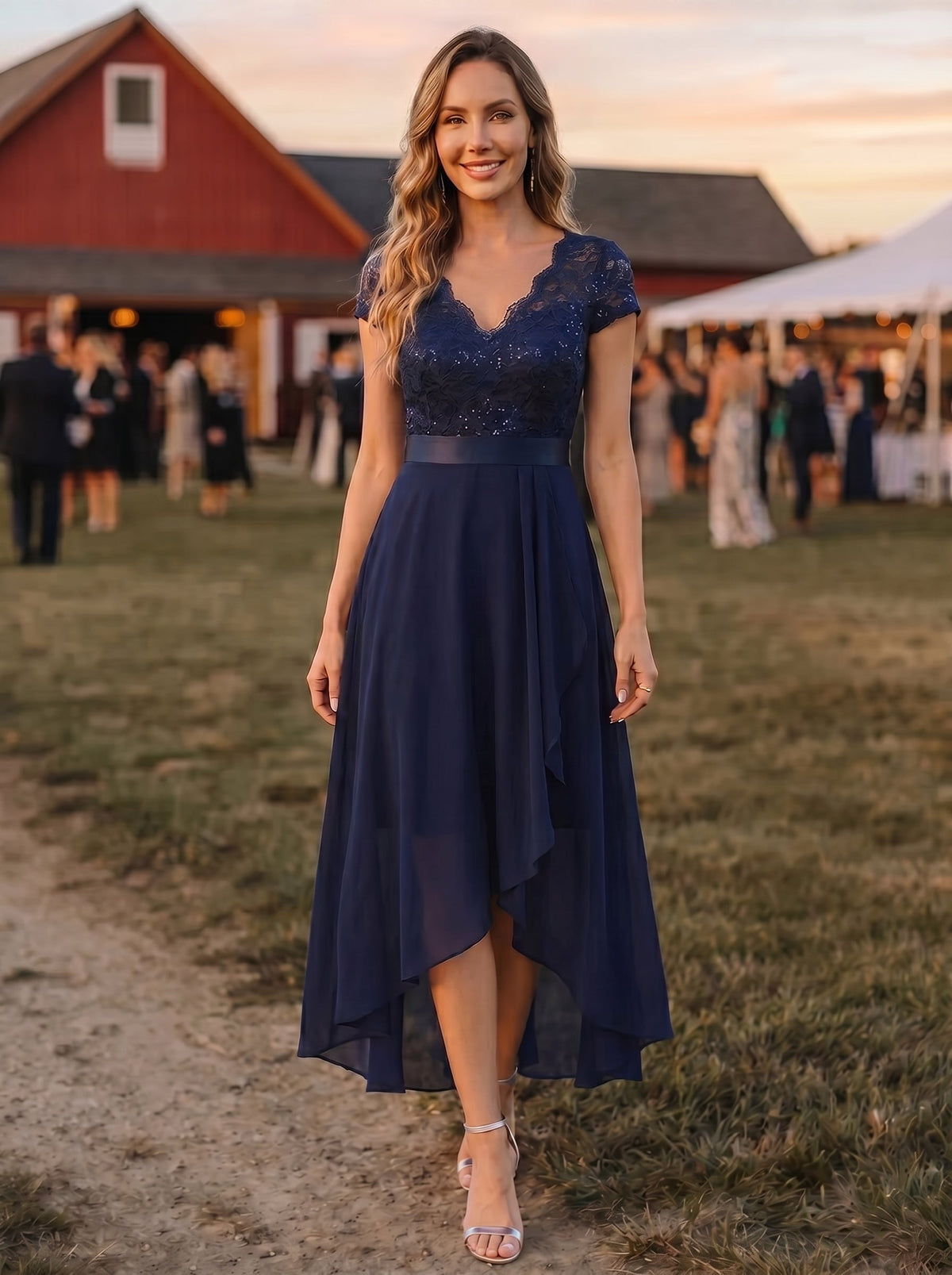Deep V-Neck Lace Cap Sleeve Evening Dress