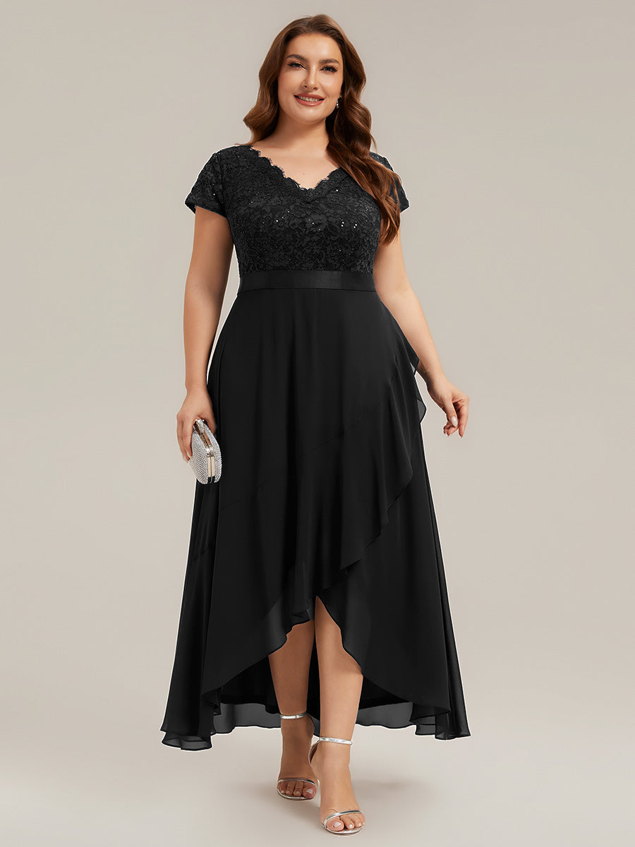 Deep V-Neck Lace Cap Sleeve Evening Dress
