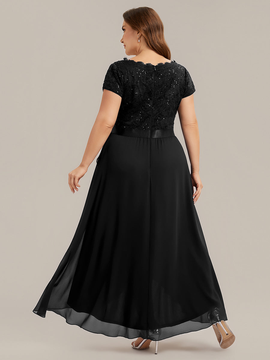 Deep V-Neck Lace Cap Sleeve Evening Dress