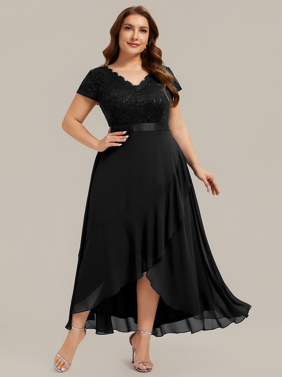 Deep V-Neck Lace Cap Sleeve Evening Dress