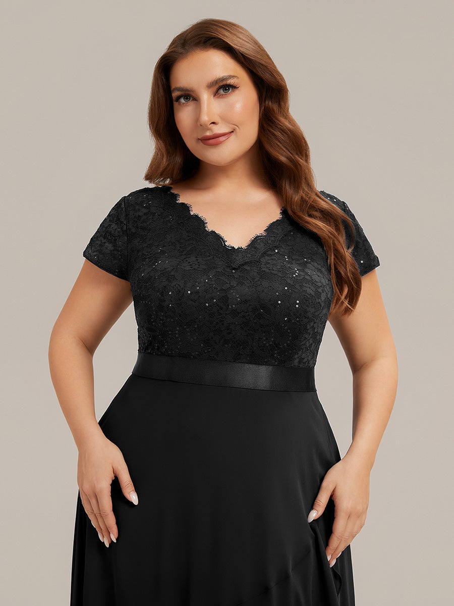 Deep V-Neck Lace Cap Sleeve Evening Dress