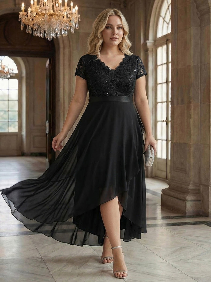 Deep V-Neck Lace Cap Sleeve Evening Dress