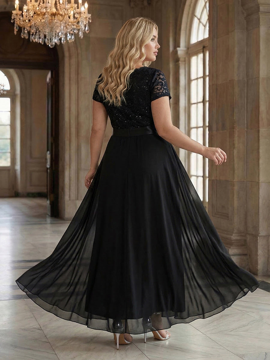 Deep V-Neck Lace Cap Sleeve Evening Dress