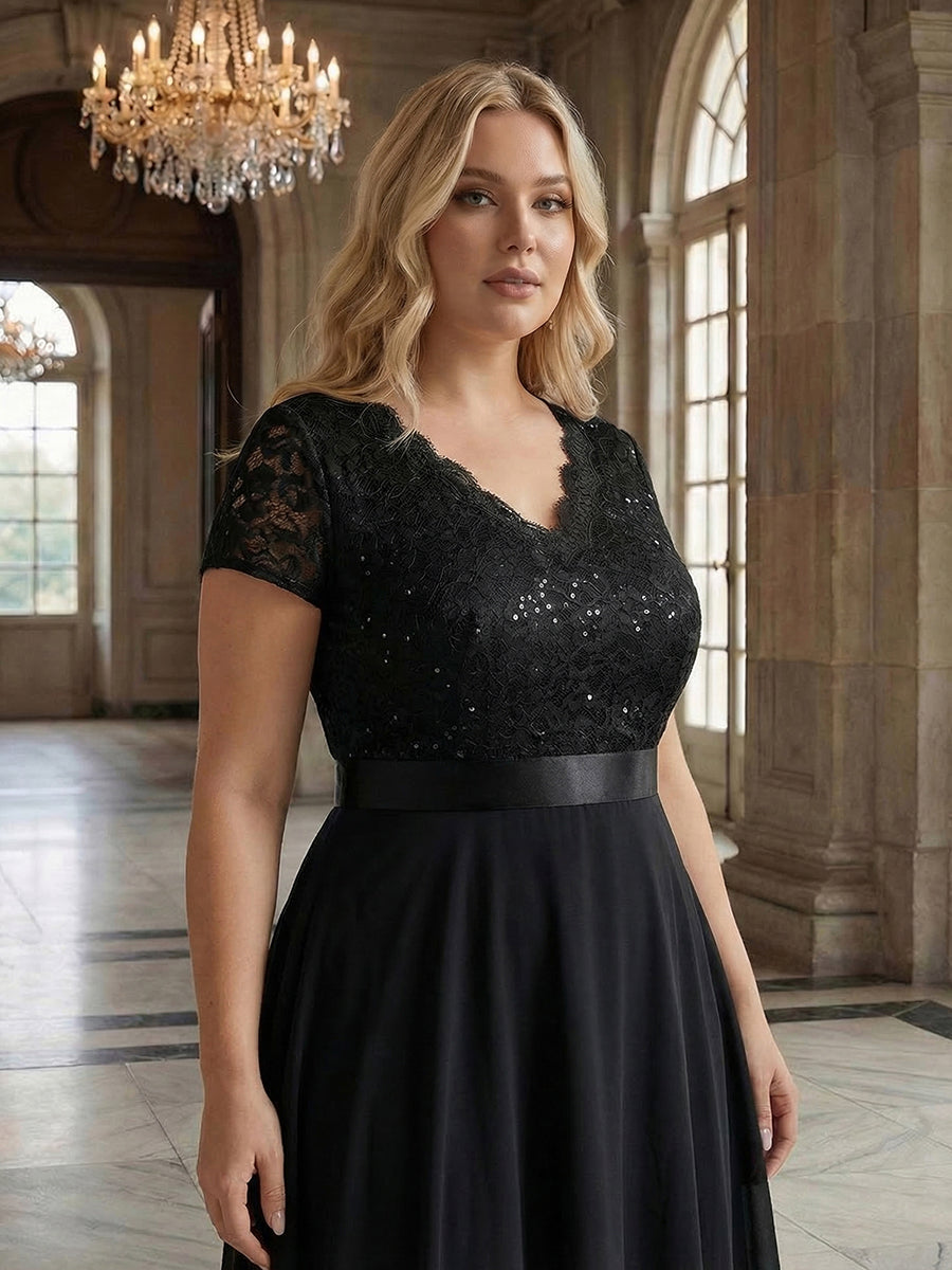 Deep V-Neck Lace Cap Sleeve Evening Dress