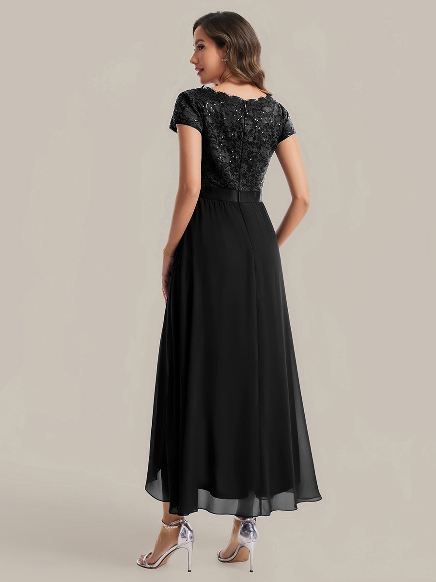 Deep V-Neck Lace Cap Sleeve Evening Dress