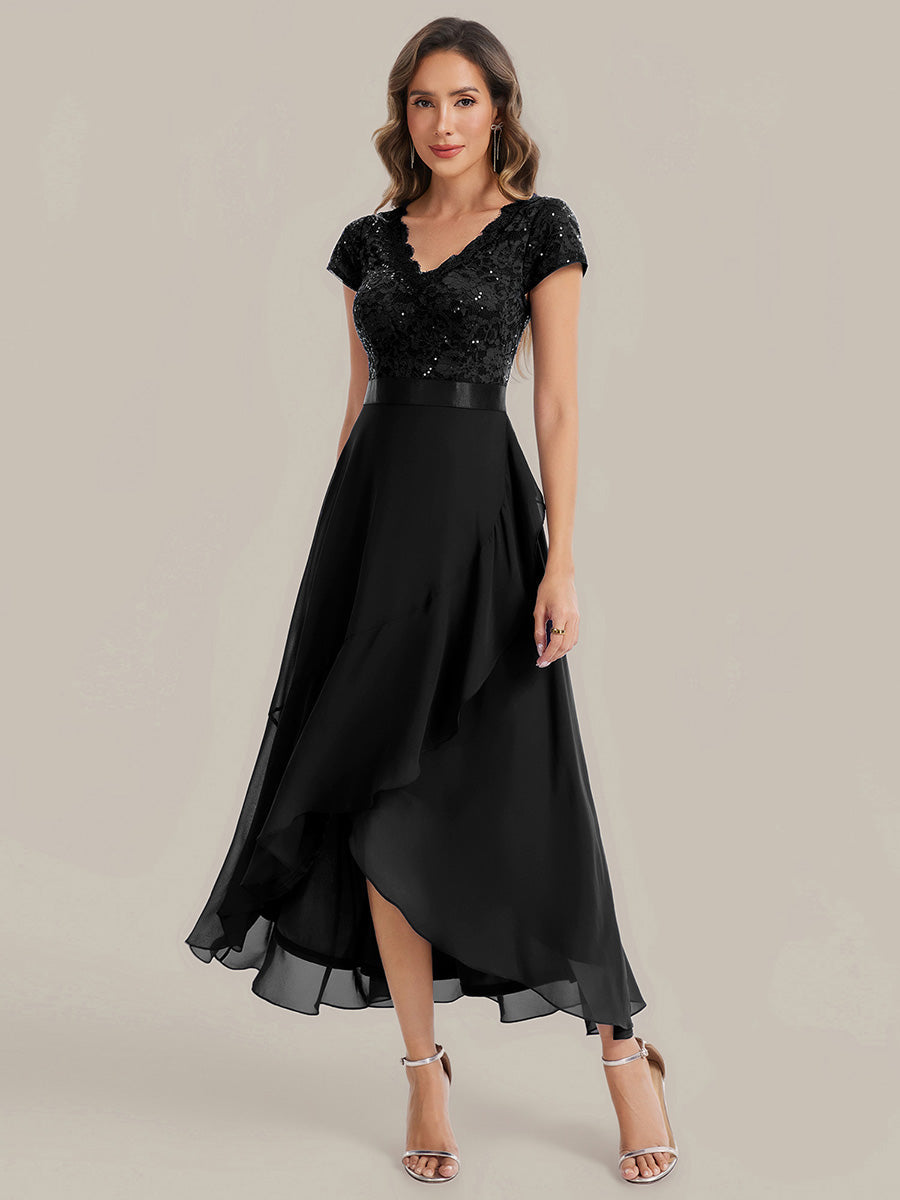 Deep V-Neck Lace Cap Sleeve Evening Dress