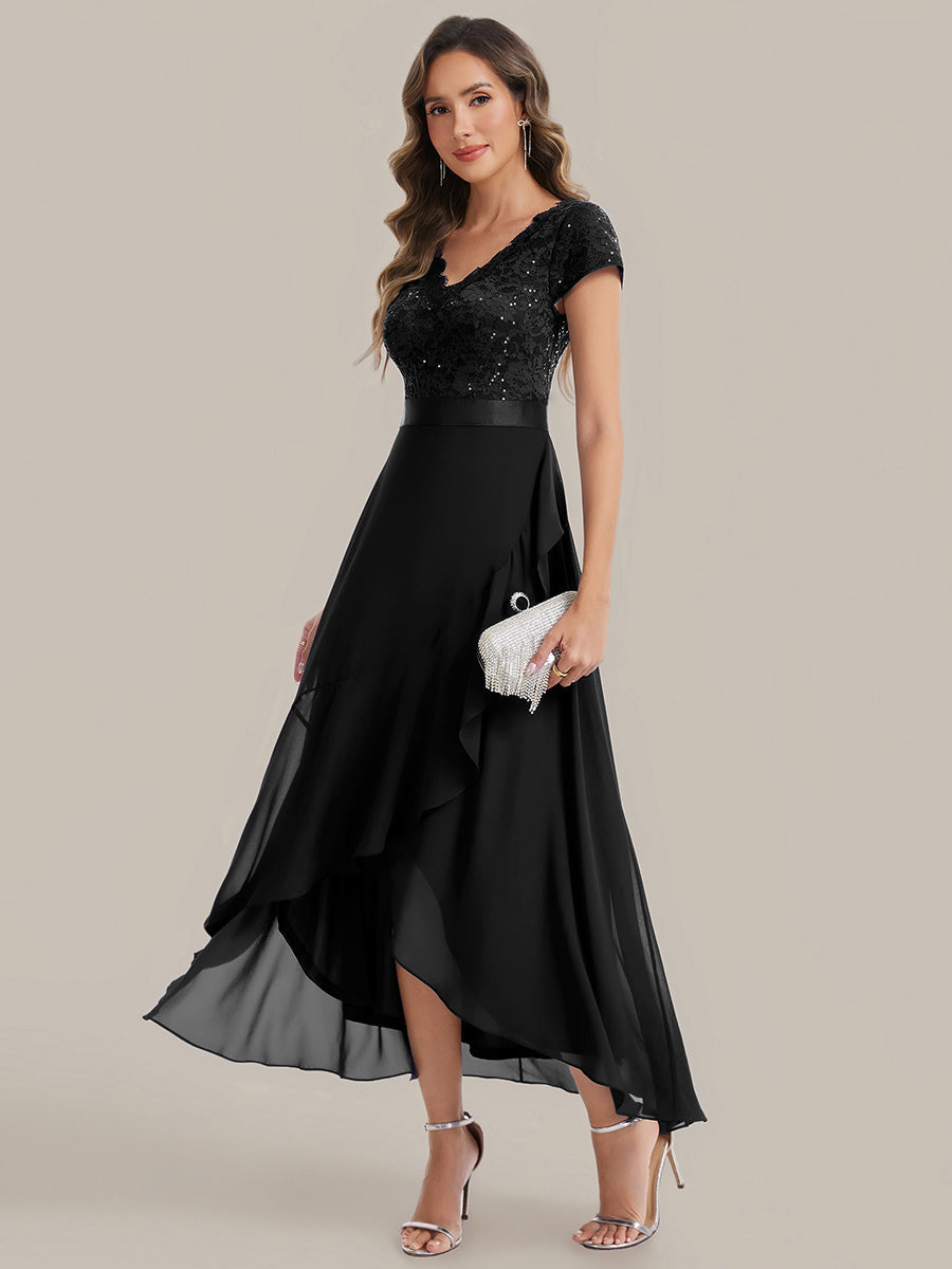 Deep V-Neck Lace Cap Sleeve Evening Dress