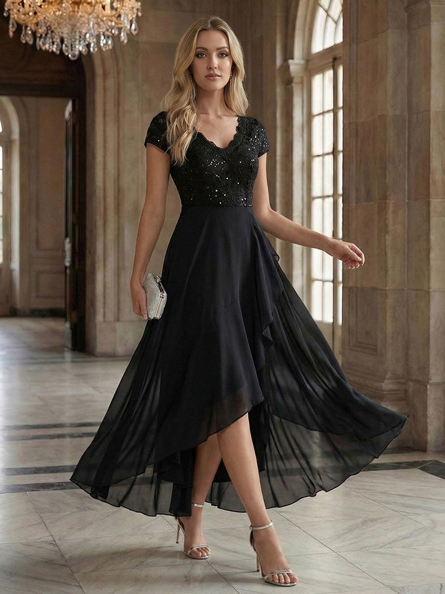 Deep V-Neck Lace Cap Sleeve Evening Dress