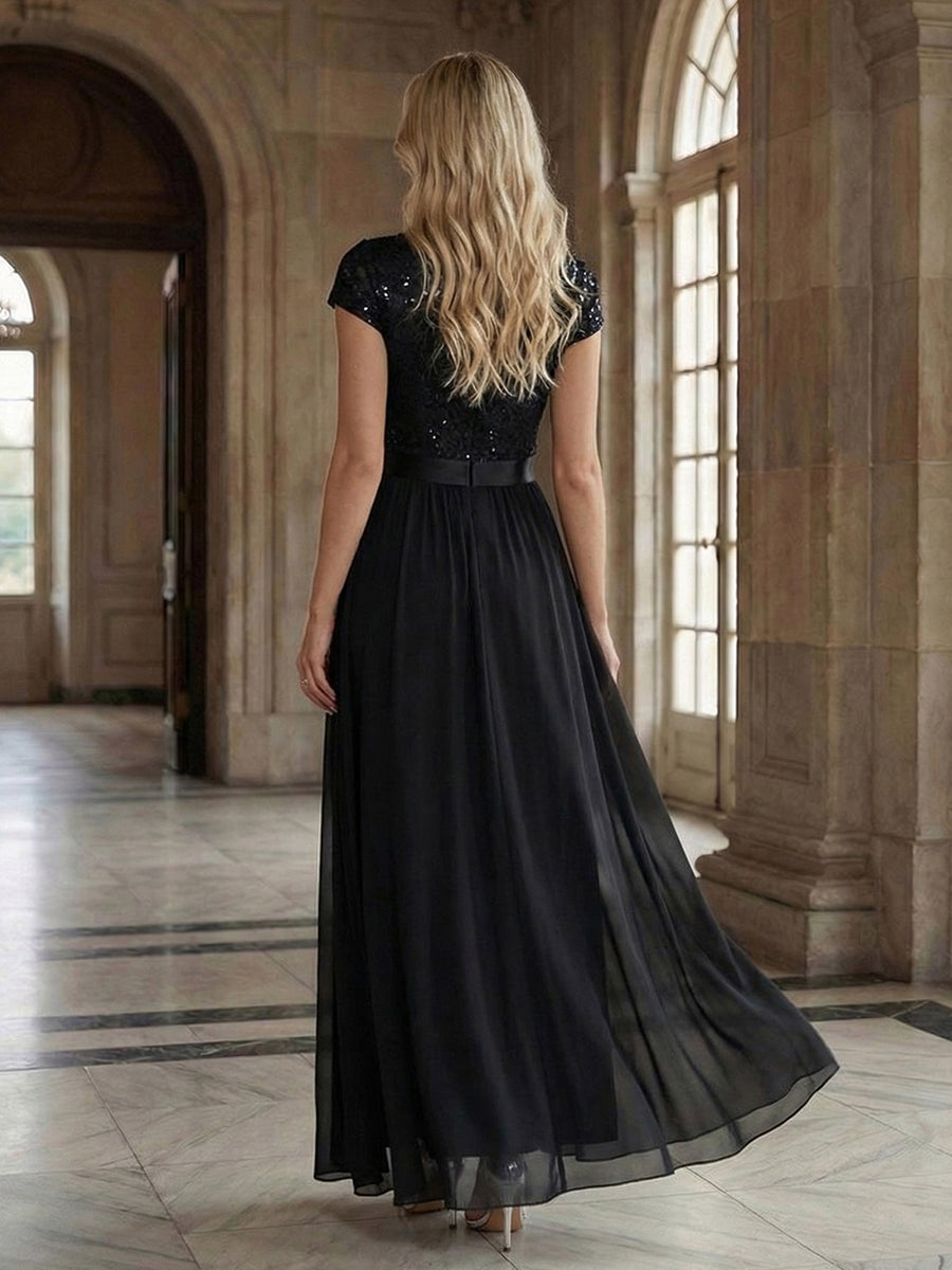 Deep V-Neck Lace Cap Sleeve Evening Dress