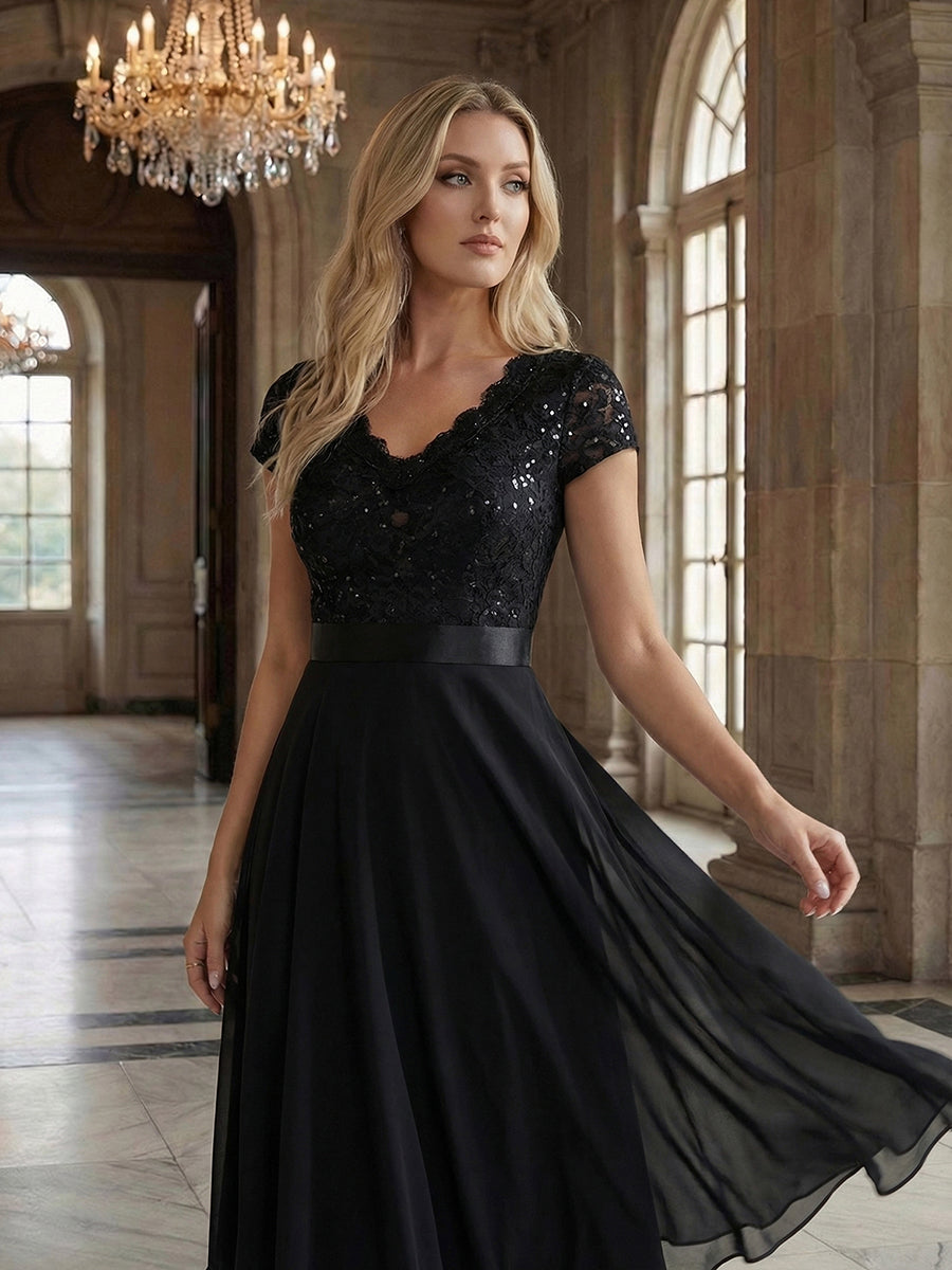 Deep V-Neck Lace Cap Sleeve Evening Dress