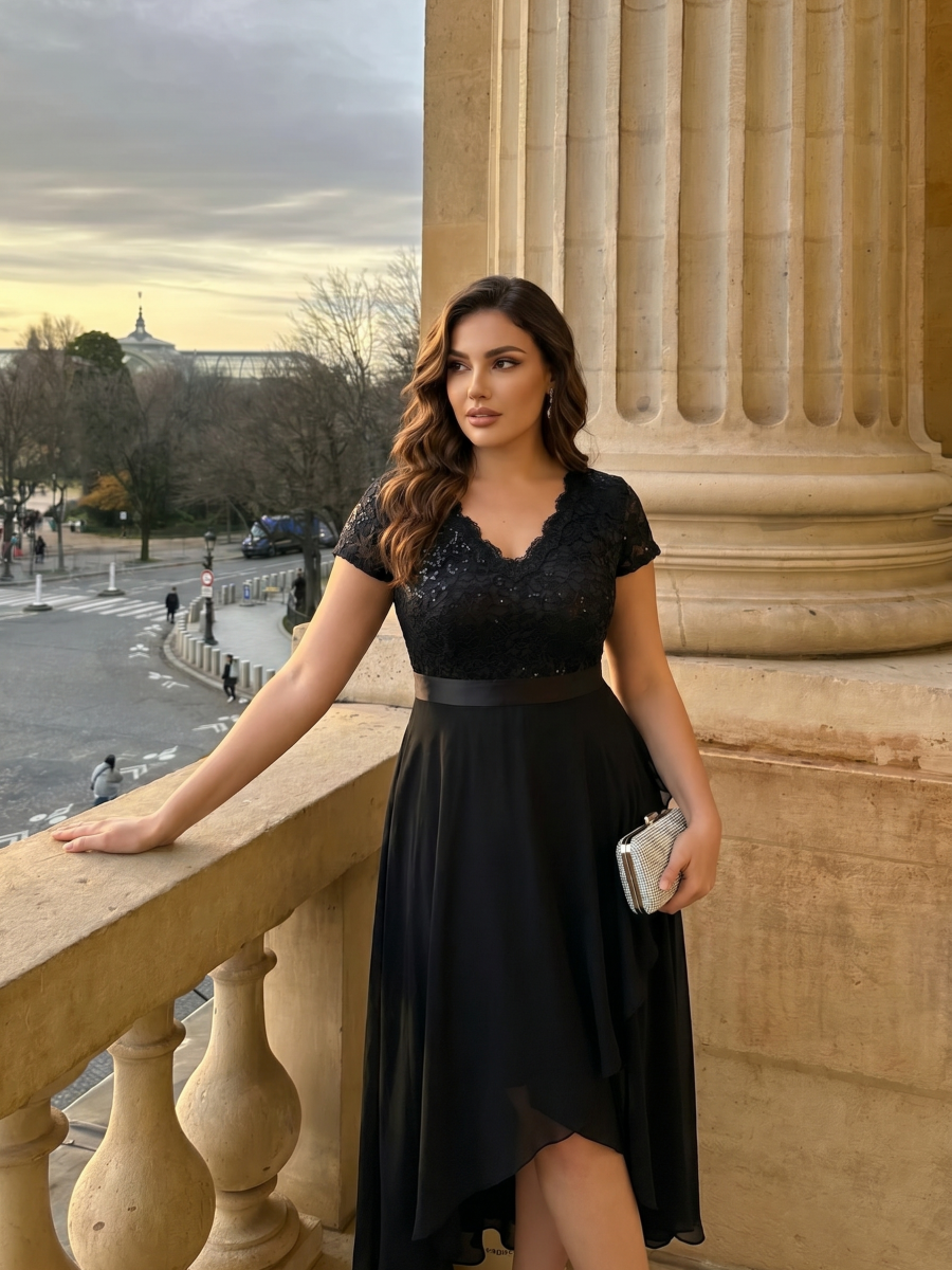 Deep V-Neck Lace Cap Sleeve Evening Dress