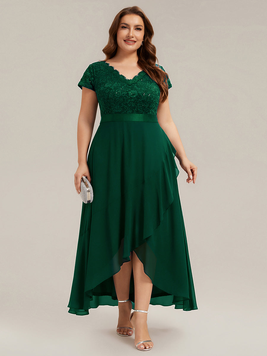 Deep V-Neck Lace Cap Sleeve Evening Dress