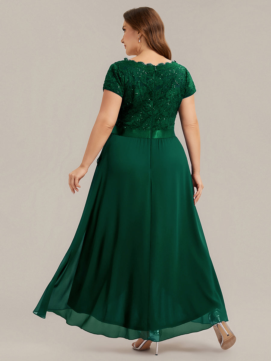 Deep V-Neck Lace Cap Sleeve Evening Dress