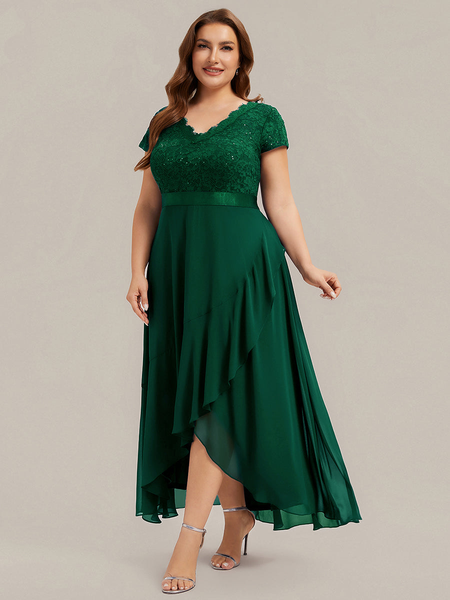 Deep V-Neck Lace Cap Sleeve Evening Dress