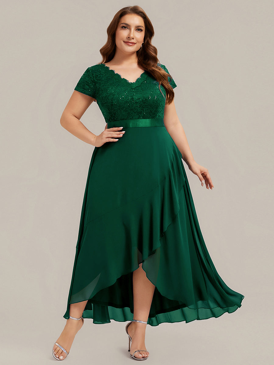 Deep V-Neck Lace Cap Sleeve Evening Dress