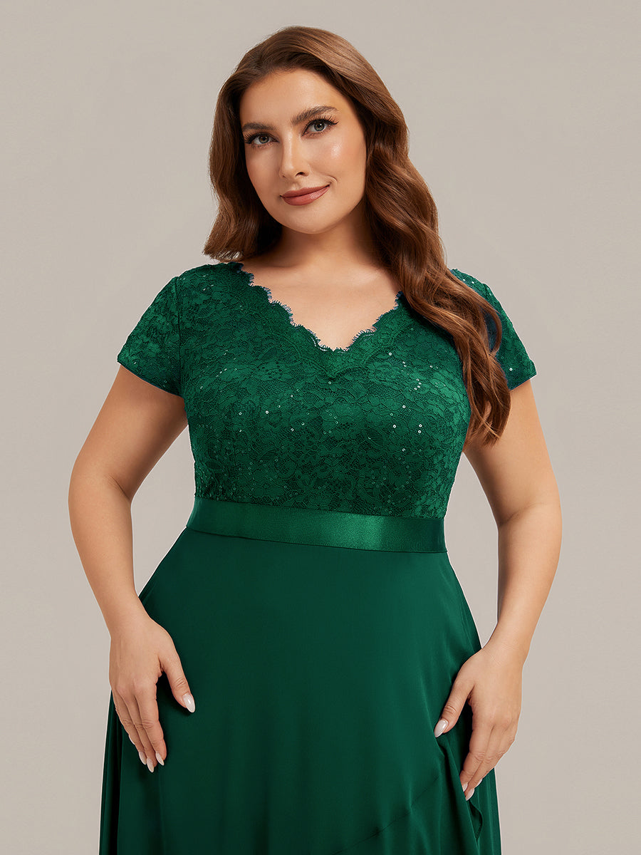 Deep V-Neck Lace Cap Sleeve Evening Dress