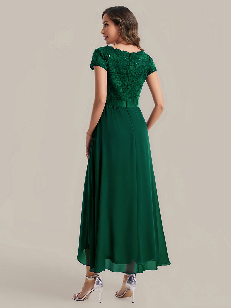 Deep V-Neck Lace Cap Sleeve Evening Dress