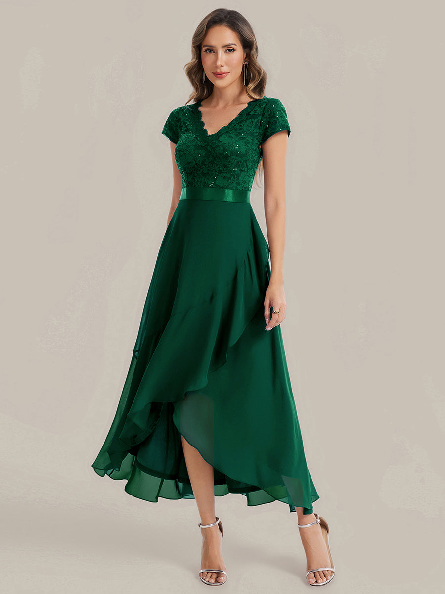 Deep V-Neck Lace Cap Sleeve Evening Dress